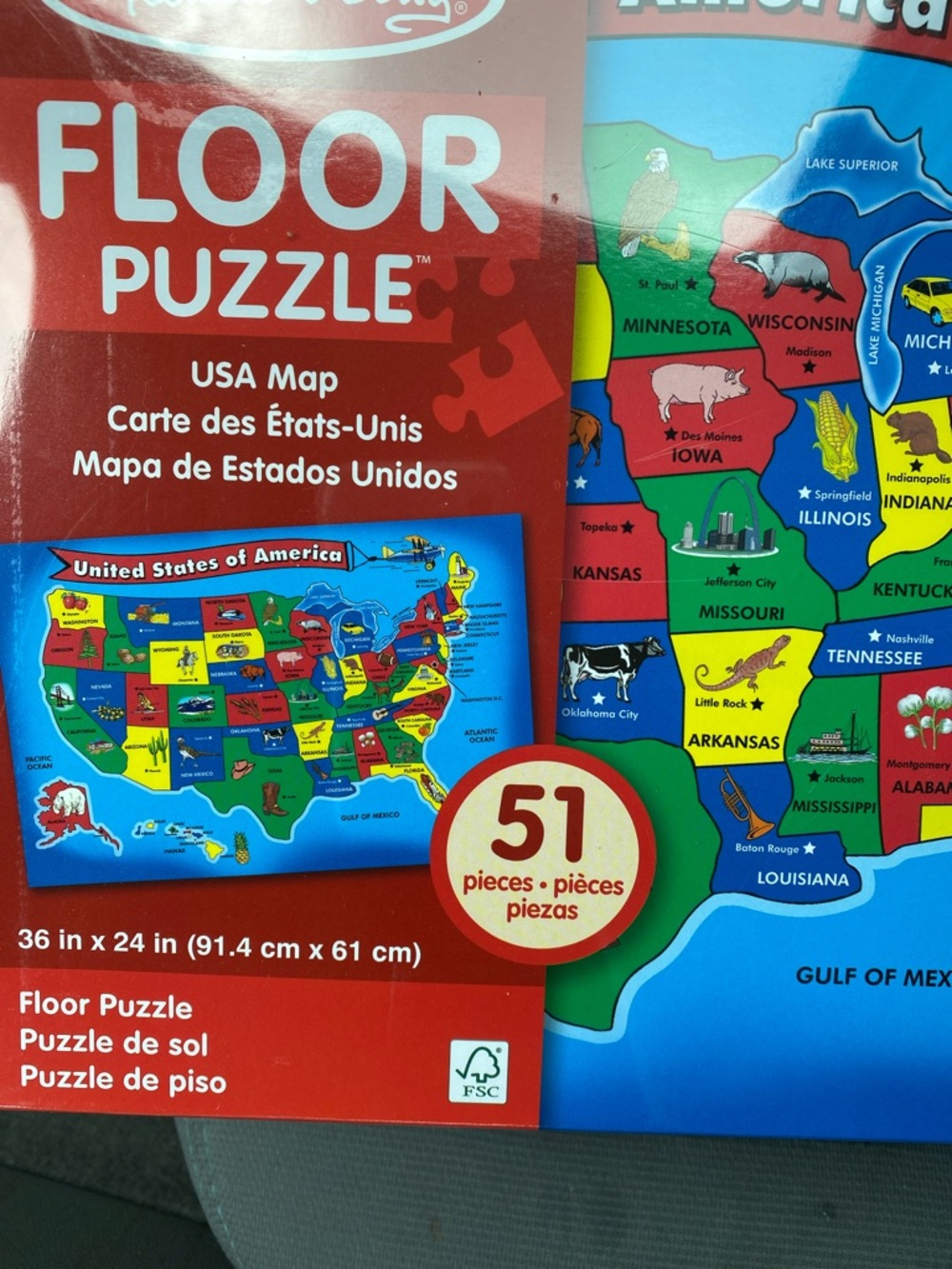 USA Map Floor Puzzle 2' x 3' Melissa & Doug 51 Pieces America Homeschool Sealed - Picture 3 of 6